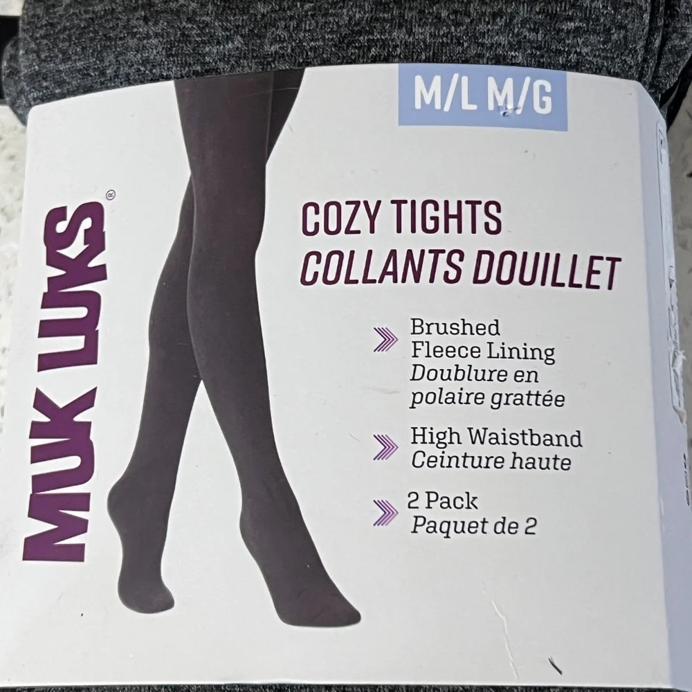 2 Pair Muk Luks Tights Black and Gray Womens M / L Cozy NEW Brushed Fleece - Picture 2 of 4